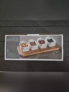 New Gibson Elite White Ceramic Dip Set with Wood Tray